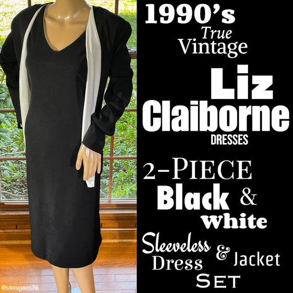 ▪️VTG▪️LIZ CLAIBORNE▪️2-Piece Black & White Sleeveless Maxi Dress & Jacket Set - Picture 1 of 8